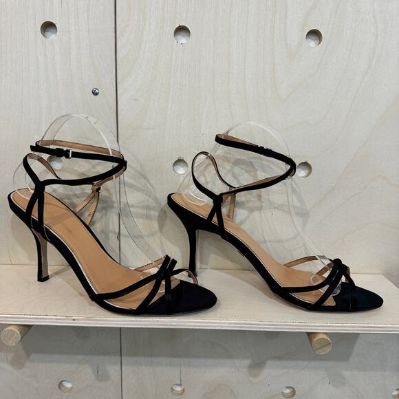 BADGLEY MISCHKA Black Sandals 10 Satin Strappy 3.75" Stiletto Heels MSRP $235 - Picture 1 of 9